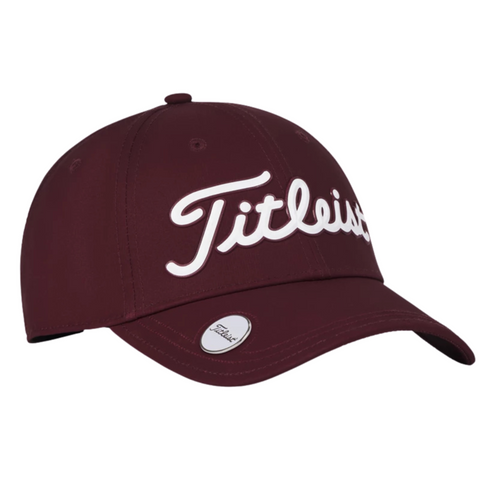 The Titleist 2025 Players Performance Ball Marker Cap in maroon features Titleist embroidered in white cursive on the front and a round logo sticker on the brim—combining style and practical ball marker functionality for golfers.