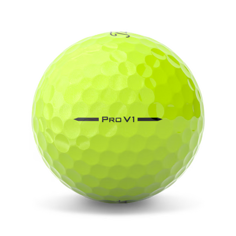 A single Titleist Pro V1 Yellow Golf Ball 2025 showing the side stamp