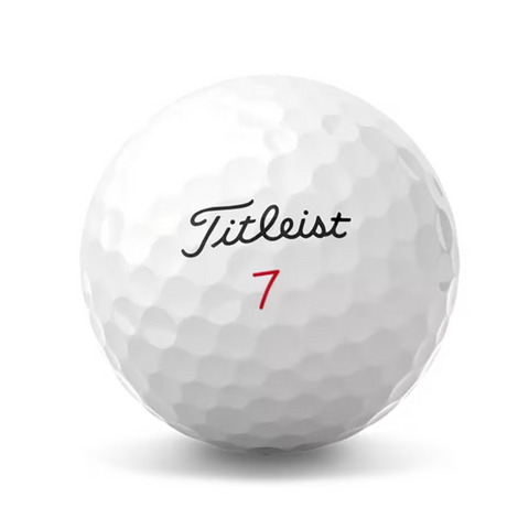 Titleist Pro V1x golf ball. White golf ball with a red number 7 and the black Titleist Logo
