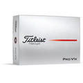 A silver box of Titleist 2025 Pro V1x Golf Balls features black and red text, the Titleist logo, and #1 ball in golf. The minimalist packaging has a red stripe and promises explosive distance on every shot.