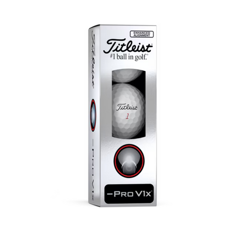 A white rectangular box of Titleist 2025 Pro V1x Left Dash Enhanced Alignment Golf Balls is upright, featuring the Titleist logo, a visible number 1 golf ball, and promotes enhanced alignment for improved accuracy.