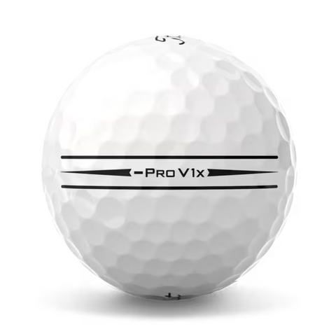 A close-up shows the Titleist 2025 Pro V1x Left Dash Enhanced Alignment Golf Ball, featuring “Pro V1x” and two black alignment lines on its dimpled white surface.