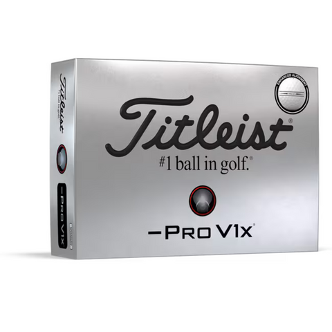 A silver box of Titleist 2025 Pro V1x Left Dash Enhanced Alignment Golf Balls features the bold black Titleist logo, “#1 ball in golf” slogan, a golf ball graphic, and enhanced alignment for improved shot accuracy.