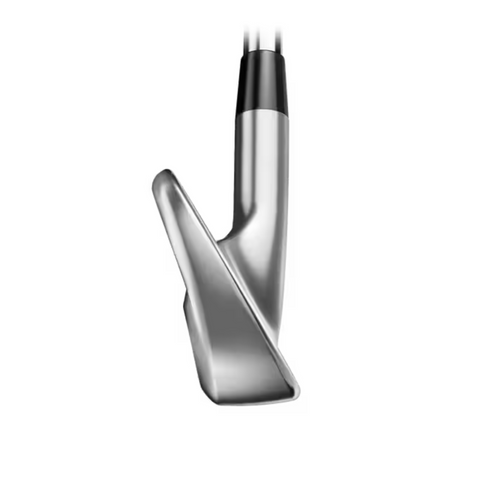 A close-up side view of a Titleist 2025 T-100 Mens Iron from the 4-PW set, showing its angled clubface and part of the shaft against a white background.