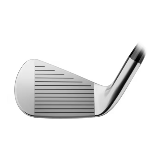 Close-up of the Titleist 2025 T-250 Mens Iron Set club head, displaying the grooved clubface and part of the shaft against a white background.