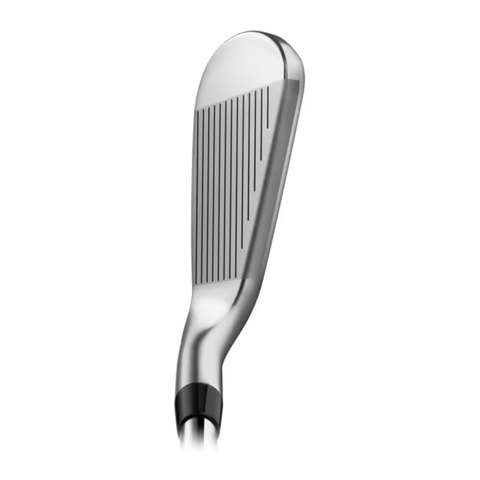 A close-up of the Titleist 2025 4G T-350 Mens Irons Set (5-PW+48°) shows the grooved face and hosel, with a sleek silver finish, isolated on a white background.