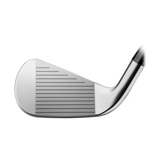 Close-up of the Titleist 2025 4G T-350 Mens Irons Set (5-PW+48°), highlighting the silver iron head with horizontal grooves on the clubface, set against a white background.