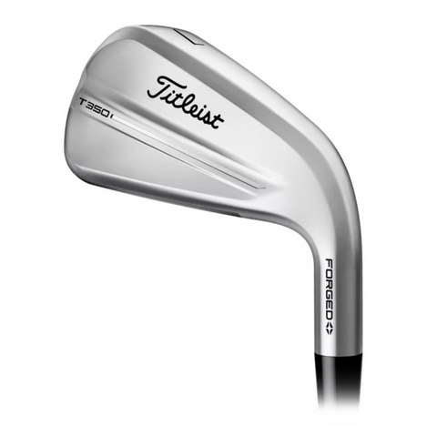 A close-up of the Titleist 2025 4G T-350 Mens Irons Set (5-PW+48°) shows a sleek silver head with black lettering and a FORGED marking on the hosel.