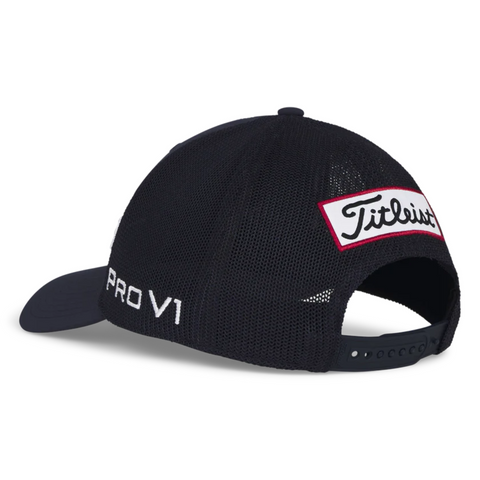 Titleist Mesh Cap in black colour back angle showing white Pro V1 on the side and Titleist Logo on the back