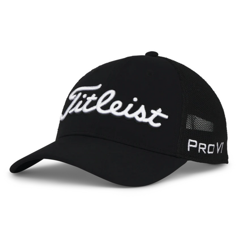 Titleist Mesh Cap black cap with white Titleist wiriting and also white Pro V1 on the side