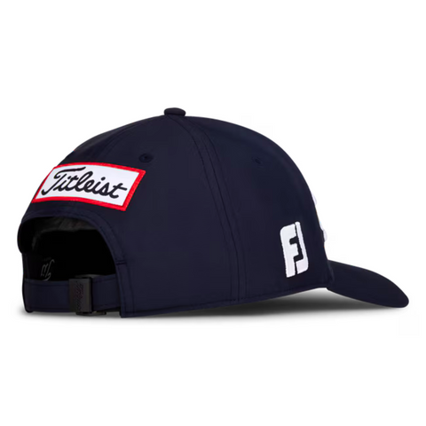 A navy Titleist 2025 Tour PerformanceCap shown from the back features a red and white Titleist patch, adjustable strap, and white FJ logo—a stylish, top-performance golf hat for any player.