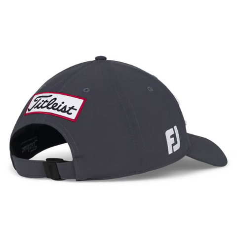 The Titleist 2025 Tour Performance Cap in dark gray, seen from the back, features a red and white Titleist patch, white FJ logo on the side, and an adjustable black strap—making it an ideal golf hat.