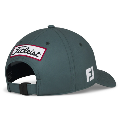 The Titleist 2025 Tour Performance Cap in dark green is shown from the back, featuring a red and white Titleist patch, an adjustable strap, and a white FJ logo on the side—a stylish golf hat for any fan.