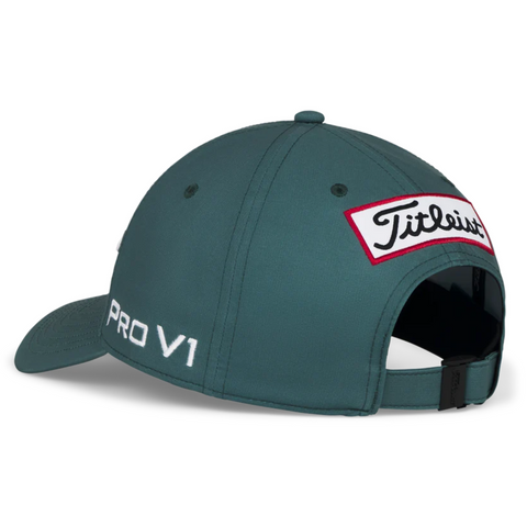 The Titleist 2025 Tour Performance Cap in teal is shown from the back, featuring a white and red Titleist patch above the opening, PRO V1 embroidered on the side, and an adjustable strap for fit.