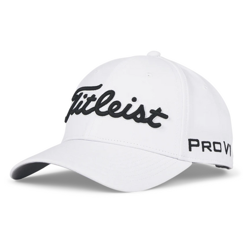 The Titleist 2025 Tour Performance Cap is a white golf hat with Titleist in black script on the front and Pro V1 on the side—perfect for any golfer.