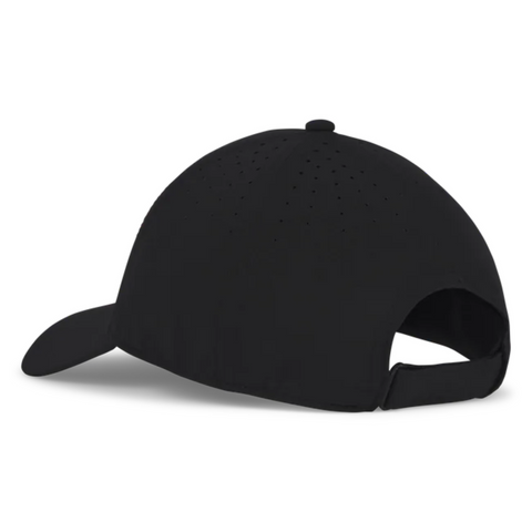 The Titleist 2025 Womens Charleston Breezer Cap in Black/White features an adjustable back strap, ventilation holes on top, and a curved brim for comfort and style.