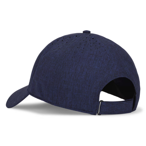 The Titleist 2025 Women's Charleston Breezer Cap in Heather Navy features ventilation holes for UV protection and an adjustable strap with a metal clasp—a stylish, comfortable choice for women golfers.