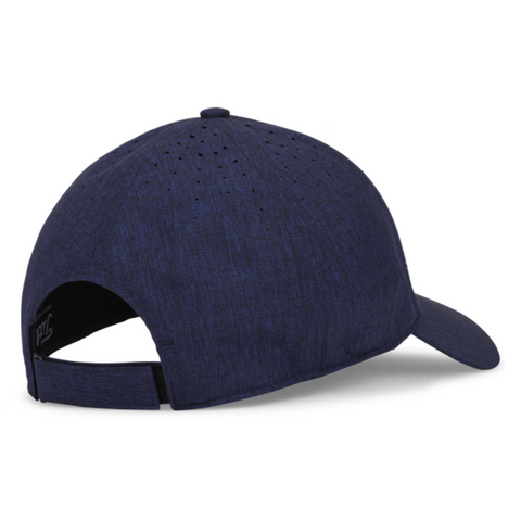The Titleist 2025 Women's Charleston Breezer Cap in Heather Navy features ventilation holes, UV protection, and an adjustable strap—ideal for women golfers. Shown from the back and side.