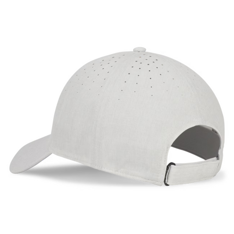 The Titleist 2025 Womens Charleston Breezer Cap in Heather White features ventilation holes, UV protection, and an adjustable strap with a metal buckle, shown from the back.