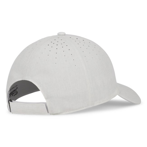 The Titleist 2025 Womens Charleston Breezer Cap in Heather White is shown from the back, featuring an adjustable strap, top ventilation holes for breathability, UV protection, and a slightly curved brim.