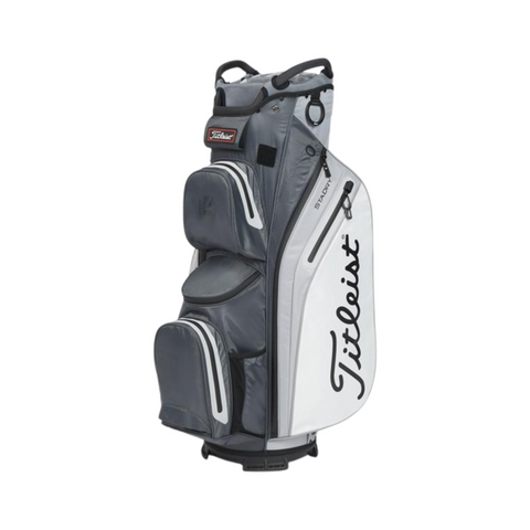 The Titleist Cart 14 StaDry Golf Bag by Titleist features a gray and white design, multiple zippered pockets, a top handle, and a prominent side logo; this waterproof bag is ideal for golf carts.
