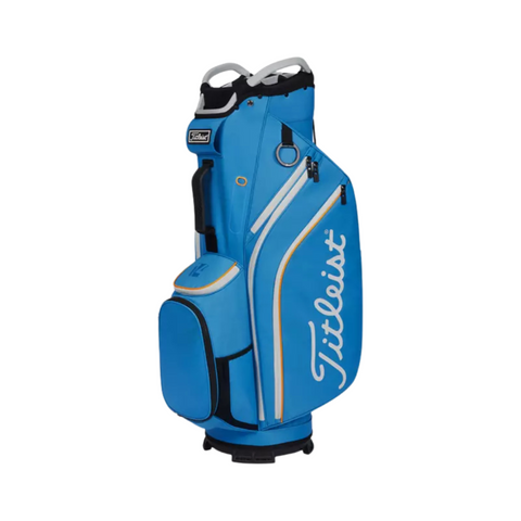The Titleist Cart 14 StaDry Golf Bag features blue, white, and yellow accents, multiple zippered pockets, and a padded strap—offering stylish waterproof protection for your gear.