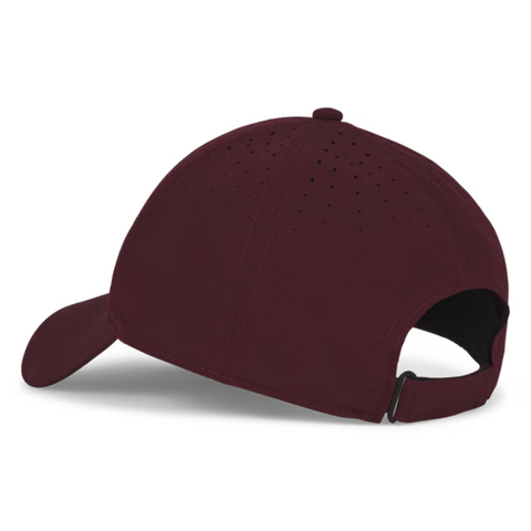A Titleist Charleston Breezer Cap in Burgundy/Navy/White is shown from the back, featuring small crown ventilation holes for breathability, an adjustable buckle strap, and a curved brim.