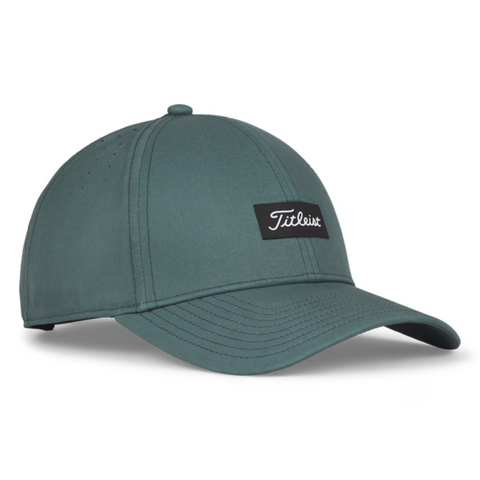 The Titleist Charleston Breezer Cap in Eucalyptus/Black/White features a curved brim and black patch with a white Titleist logo, offering breathable comfort and style on the golf course.