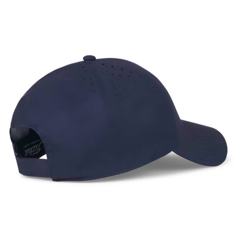 The Titleist Charleston Breezer Cap in Navy/White is shown from the back and side, highlighting its curved brim, ventilation holes, and adjustable strap closure—offering breathable comfort on the golf course.