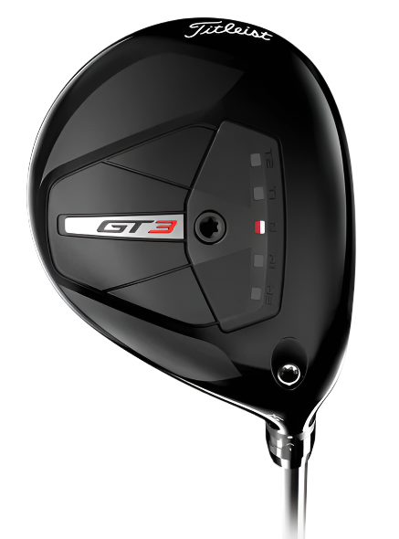 The Titleist GT3 Fairway Wood features a black clubhead with silver, red, and white accents, the GT3 logo, shot-shaping control, and adjustment markings near the base.