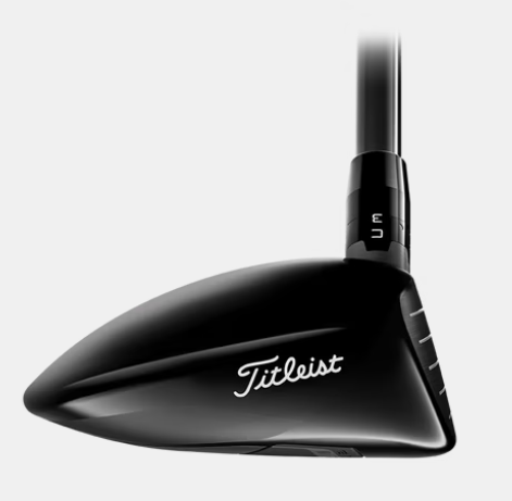 A black Titleist GT3 Fairway Wood viewed from the side, displaying its clubhead, shaft, and adjustable loft. The Titleist logo is visible, emphasizing its low spin design for precise shot-shaping control.