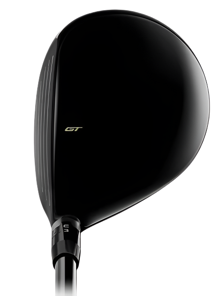A close-up of the Titleist GT3 Fairway Wood shows its shiny black clubhead, silver shaft, and distinctive GT branding, crafted by Titleist for low spin and exceptional shot-shaping control.