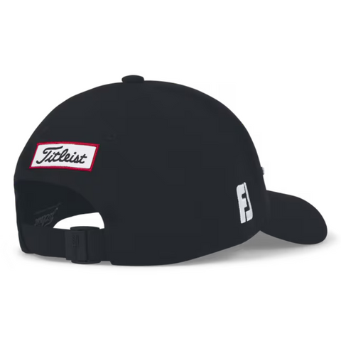 The Titleist Junior Tour Performance Cap is a black kids golf hat, shown from the back with a white Titleist logo patch with red border above an adjustable strap and a white FJ logo on the side—ideal for young players.