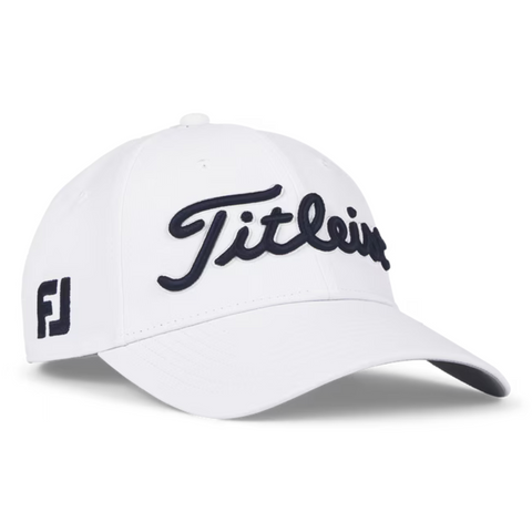 The Titleist Junior Tour Performance Cap is a white kids golf hat with Titleist embroidered in black script on the front and the FJ logo on the side—a stylish choice for young golfers.