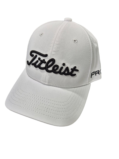 The Titleist Junior Tour Performance Cap is a white kids golf cap featuring the Titleist logo in black script on the front and Pro V1 in black on the left side—ideal for young golfers.