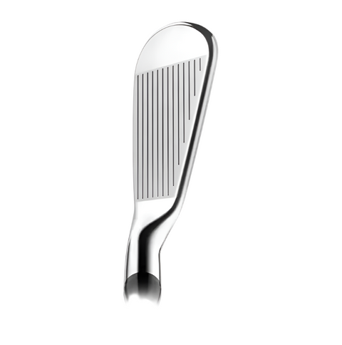 A close-up of the Titleist Mens 620 CB Irons Set (4-PW, Steel Stiff) shows the grooved face and reflective finish, with part of the shaft visible—highlighting its forged cavity back design and tour-level precision.