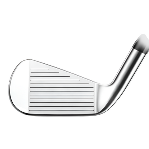 A close-up of the Titleist Mens 620 CB Irons Set (4-PW, Steel Stiff) showcases its forged cavity back design, precise horizontal grooves, and sleek metallic finish against a white backdrop.