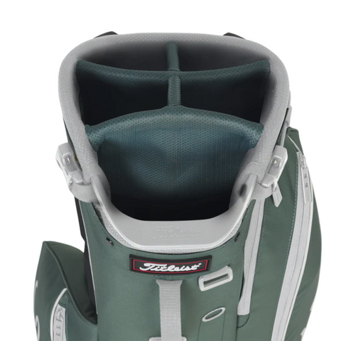 A top-down view of the green Titleist Players 5 Stand Bag by Titleist, a premium golf bag with four padded club dividers and a white side pocket zipper.