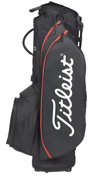 The Titleist Players 5 Stand Bag, a premium black golf bag with red accents and a bold white Titleist logo, stands upright against a white background.