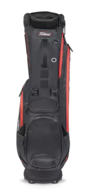 The Titleist Players 5 Stand Bag in black and red features multiple pockets, a top handle, and a sturdy base—offering premium organization and style on the course.