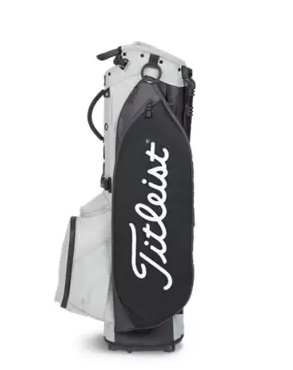 The Titleist Players 5 Stand Bag features a light gray and black design with the Titleist logo in bold white on the side pocket, combining premium style and function—a top choice for golfers.