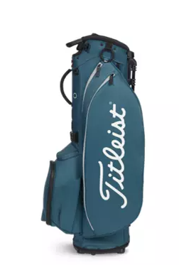 The Titleist Players 5 Stand Bag is a teal golf bag featuring multiple zippered compartments and the bold white Titleist logo on the side, offering both convenience and style for golfers.