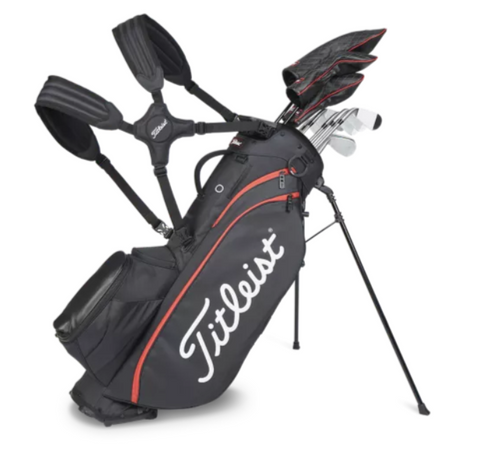 The Titleist Players 5 Stand Bag by Titleist, shown in black with red accents on its extendable legs, holds multiple golf clubs with headcovers—a premium choice for any golfer.