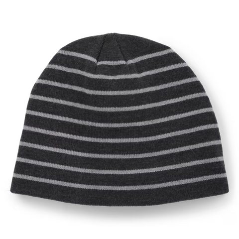 The Titleist Players Beanie by Titleist features dark gray with light gray horizontal stripes, shown on a plain white background. Ideal for keeping warm on chilly golf days.
