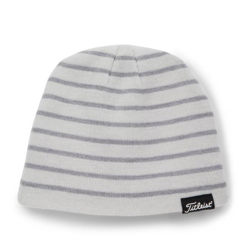 The Titleist Players Beanie is a light gray golf hat with thin dark gray stripes and a small black Titleist logo patch—perfect for staying warm on cool days on the course.