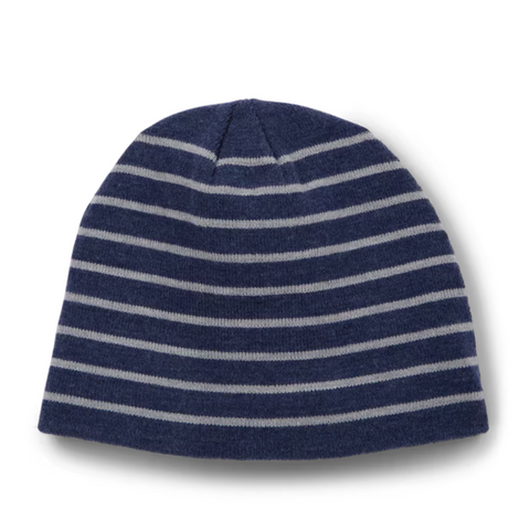 The Titleist Players Beanie by Titleist is a navy blue knit golf beanie with evenly spaced light gray stripes, shown on a white background. This cozy hat is ideal for staying warm on chilly days at the course.