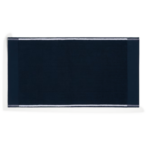 The Titleist Players Terry Towel by Titleist is a rectangular dark navy blue towel with thin white stripes, combining absorbent terry fabric and a stylish design—ideal for use as a golf towel.