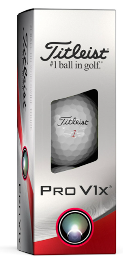 A box of Titleist Pro V1x Golf Balls | Prior Generation by Titleist, showcasing the logo and #1 ball in golf, with a visible ball—engineered for high flight and low spin to improve your game.