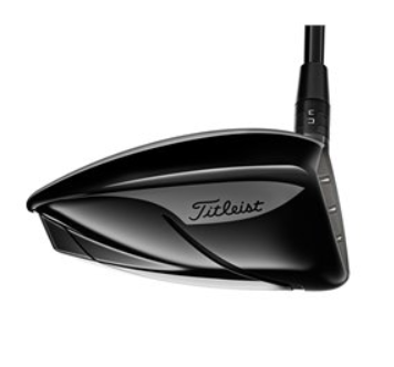 The Titleist TSR2 Driver | Prior Generation | Left Handed, shown from a low side angle, features a sleek, aerodynamic design and glossy black finish—a standout offering from Titleist.