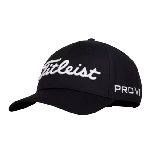 The Titleist Tour Performance Cap is a stylish black golf hat featuring “Titleist” embroidered in white on the front and “Pro V1” stitched on the side—perfect for any golfer.